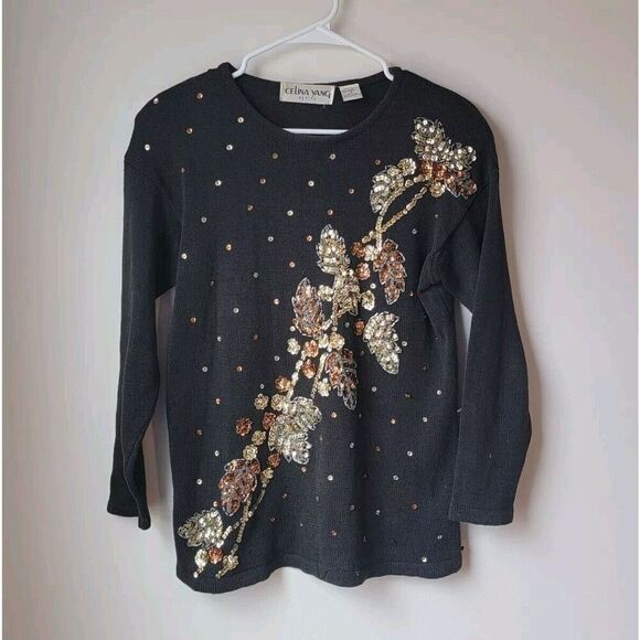 Vintage Celina Yang Beaded Sweater Floral Knit Sequin Pullover Size Small S - Picture 1 of 5